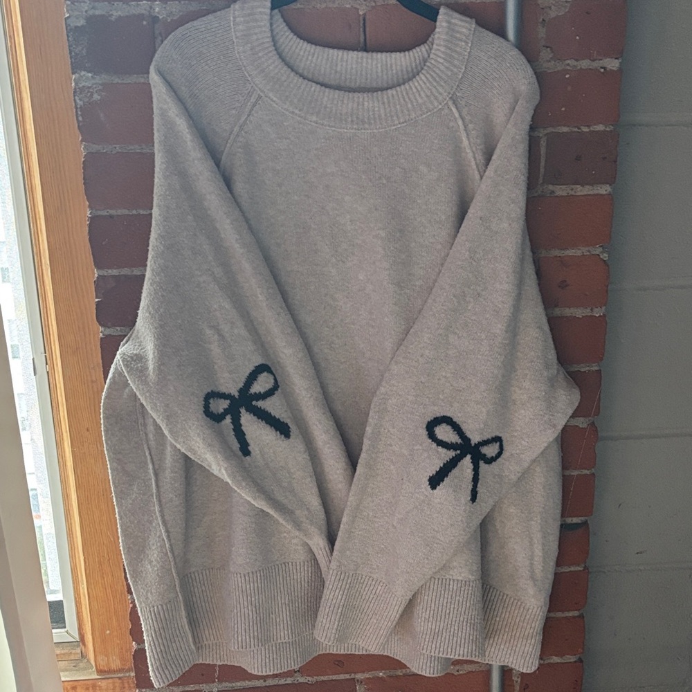 Aerie Light Tan Sweater with Black Bow Details